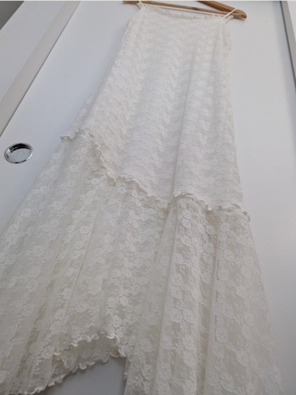 Ivory White Stretch Lace Midi Dress Adjustable Straps Romantic Lined Dress - Picture 11 of 16